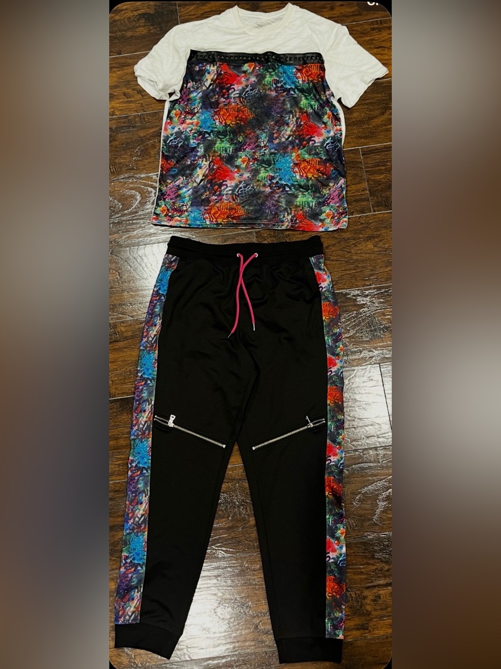 Black Kids Jogger Pants with Multicolor Side Panels and Pink Drawcord